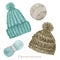 Scandinavian style crocheted hat, wool yarn. Crochet Shop Logotype, Branding, Avatar composition of knitted hats, yarns