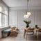 A Scandinavian-style dining area with a long wooden table, mid-century chairs, pendant lighting, and neutral tones throughout th