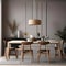 A Scandinavian-style dining area with a long wooden table, mid-century chairs, pendant lighting, and neutral tones throughout th