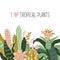Scandinavian style illustration, vector print design with wild flowers and lettering - `I love tropical plants`.