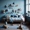 Scandinavian Style Kids Boys Room, Blue color, Lots of Hanging toys on wall, Teddy bear, Lamp, Soft Light Generative Ai