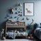 Scandinavian Style Kids Boys Room, Blue color, Lots of Hanging toys on wall, Teddy bear, Lamp, Soft Light Generative Ai