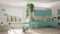 Scandinavian turquoise minimalist living with kitchen, open space, one room apartment, modern interior design