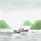 Scandinavian vector landscape with fishing ships, hills and river. Romantic watercolor Illustration for poster, postcard, banner,