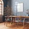 Scandinavian vintage dining room in blue and beige tones. Wooden table with chairs, parquet, decors and frame mockup. Farmhouse