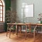 Scandinavian vintage dining room in green and beige tones. Wooden table with chairs, parquet, decors and frame mockup. Farmhouse