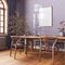Scandinavian vintage dining room in purple and beige tones. Wooden table with chairs, parquet, decors and frame mockup. Farmhouse