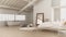 Scandinavian white bedroom, loft interior design, minimalistic b