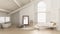 Scandinavian white bedroom, loft interior design, minimalistic i
