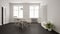 Scandinavian white and gray dining room, wooden herringbone parquet floor, table and chairs, windows, door and radiators. Pendant