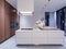 Scandinavian white kitchen in evening light with decor, minimalistic interior design