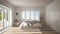 Scandinavian white minimalist bedroom with panoramic window, fur carpet and herringbone parquet, modern architecture interior desi