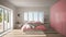 Scandinavian white and pink minimalist bedroom with panoramic window, fur carpet and herringbone parquet, modern pastel architectu