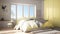 Scandinavian white and yellow minimalist bedroom with panoramic window, fur carpet and herringbone parquet, modern pastel architec