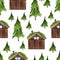 Scandinavian wooden house in the forest watercolor seamless pattern