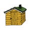 Scandinavian wooden yellow house with green grass on the roof on white background