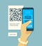 Scanning qr code. Hand holding smartphone and laser scanning coding product sticker vector concept