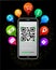 Scanning QR code using smartphone isolated on abstract black background with glitter, colorful mobile app icons like online shop