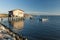 SCARDOVARI, ITALY, 2016-08-06: Fishing huts at Scardovari lagoon