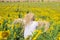 Scarecrow guarding sunflower fields