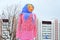 Scarecrow of Shrovetide against sky and building, Gomel, Belarus