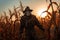 scarecrow standing in a cornfield with glowing red eyes and a sinister smile Halloween holiday concept