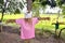 Scarecrow wearing colorful variety in the field of rural Thailand.