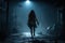 Scared adult girl runs down dark city street at night alone, silhouette of lonely escaping woman. Lost female person like in