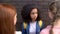 Scared afro-american schoolgirl looking elder students, bullying abuse, conflict