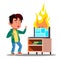 Scared Asian Kid Next To Burst Into Flame Laptop Vector. Isolated Illustration
