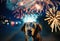 A scared brown dog looks up vivid fireworks in the night sky, portraying the common anxiety pets feel during loud celebrations