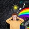 Scared child boy with ginger hair and glasses on  lightbulb, science and arts scetch background.