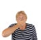 Scared elder woman isolated over white background