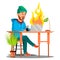 Scared Employees Sitting At The Table And Burning With Fire Laptop Vector. Isolated Illustration