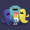 Scared female character surrounded by ugly monsters / flat editable vector illustration, clip art