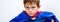 Scared frowning superhero child escaping from bully, copy space white background