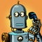 Scared funny robot talking on a retro phone