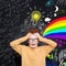 Scared kid with lightbulb. Education, brainstorming and idea concept. Cute redhead student boy on chalkboard background