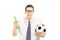 Scared male in shirt holding a beer bottle and football