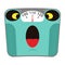 Scared mechanical bathroom scale with big weight on the dial. Concept obesity and unhealthy lifestyle. Cartoon character.