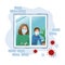Scared mother and son in a medical mask quarantined at home. Self-isolation during an epidemic. Coronavirus protection. Illustrati