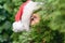 Scared, open-eyed look of a beautiful girl in a santa claus hat hiding behind a christmas tree. Concept.