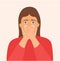 Scared, panicked woman with hand covering mouth. expression vector illustration