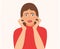Scared, panicked woman with horror face and two hand gestures. vector illustration