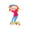 Scared red-haired screaming girl rides fast on skateboard trying to catch balance isolated on white