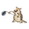 A scared striped cartoon cat with a ladle. Illustration on a white background.