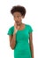 Scared and surprised isolated black african american girl in green shirt.