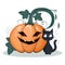 Scared trembling black cat looks back at the monster pumpkin