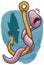 Scared Worm in a Hook with a Fish in Background, Vector Illustration