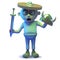 Scarey undead zombie monster wearing a shield and getting confused, 3d illustration